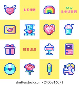 Cute Pixel Art Valentine Day Seamless Pattern - 8 bit Love Icons and Romantic Symbols for Digital Design and Textiles. Arcoiris, carta, osito de peluche, regalo, beso, postre, dulce, rosa.