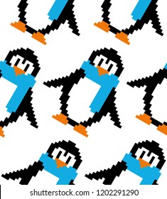 Cute pixel art vector winter seamless pattern: pixel art colorful penguins; design can be used as a cool background for wallpaper, wrapping paper, fabric, textile, greeting cards and leaflets. EPS10