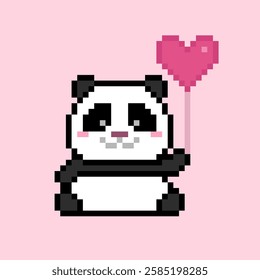 Cute Pixel Baby Panda with pink heart. Kawaii slyle pixel Panda Bear holding pink heart balloon. Vector pixel illustration for Valenties day card or Happy Birthday Party greeting card designs