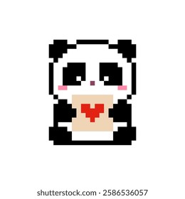 Cute Pixel Baby Panda with Valenties day card. Kawaii slyle pixel Panda Bear holding Valentine's card. Vector pixel illustration for Happy Birthday greeting card designs