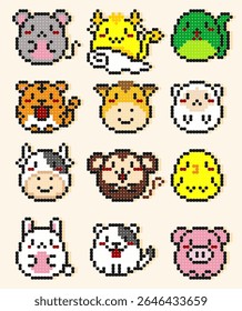 Cute pixel bead icons of 12 Chinese zodiac animals. Colorful, simple, and fun cartoon design for kids, culture projects, or decorative use.