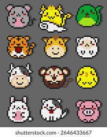 Cute pixel bead icons of 12 Chinese zodiac animals. Colorful, simple, and fun cartoon design for kids, culture projects, or decorative use.