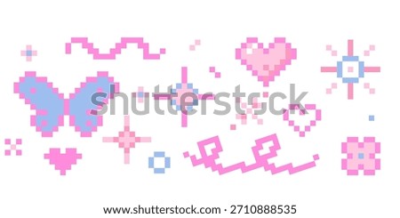 Cute pixel border nice pink pixel decoration. Y2k retro game 8 bit flower blossom, stars sparkles, butterfly, heart and cherry. Whimsical sparkling shining stars emoji,