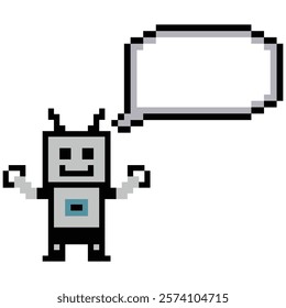 Cute pixel cartoon 8 bit character robot or AI pixel 8 bit chat box can chat learn AI technology robot for education calculate chat bot decoration 8bit vector.