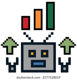 Cute pixel cartoon 8 bit character robot or AI pixel 8 bit generative tool learn AI technology robot for education calculate chat bot decoration 8bit vector.