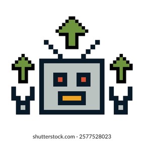 Cute pixel cartoon 8 bit character robot or AI pixel 8 bit generative tool learn AI technology robot for education calculate chat bot decoration 8bit vector.