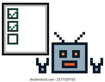 Cute pixel cartoon 8 bit character robot or AI pixel 8 bit check list task learn AI technology robot education calculate chat bot decoration 8bit vector.