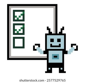 Cute pixel cartoon 8 bit character robot or AI pixel 8 bit check list task learn AI technology robot education calculate chat bot decoration 8bit vector.