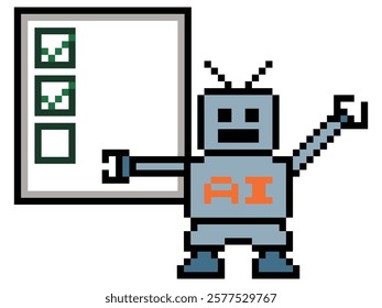 Cute pixel cartoon 8 bit character robot or AI pixel 8 bit check list task learn AI technology robot education calculate chat bot decoration 8bit vector.