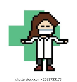 Cute pixel cartoon 8 bit character woman doctor scientist game care decoration pharmacist female doctor uniform lady in hospital 8 bit woman pixel art game 8bit vector.
