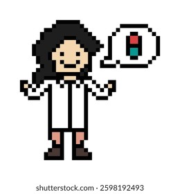 Cute pixel cartoon 8 bit character woman doctor scientist game care decoration pharmacist female doctor uniform lady in hospital 8 bit woman pixel art game 8bit vector.