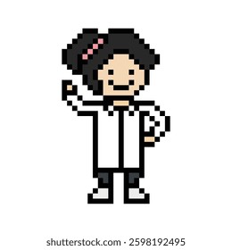 Cute pixel cartoon 8 bit character woman doctor scientist game care decoration pharmacist female doctor uniform lady in hospital 8 bit woman pixel art game 8bit vector.