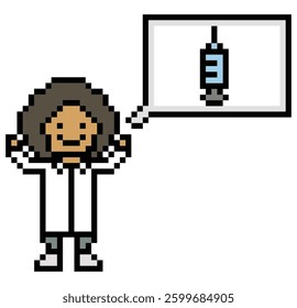 Cute pixel cartoon 8 bit character woman doctor scientist game care decoration pharmacist female doctor uniform lady in hospital 8 bit woman pixel art game 8bit vector.