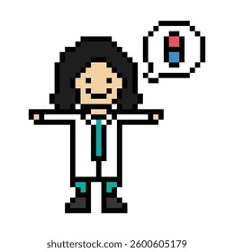 Cute pixel cartoon 8 bit character woman doctor scientist game care decoration pharmacist female doctor uniform lady in hospital 8 bit woman pixel art game 8bit vector.