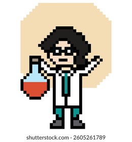 Cute pixel cartoon 8 bit character woman doctor scientist game care decoration pharmacist female doctor uniform lady in hospital 8 bit woman pixel art game 8bit vector.