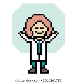 Cute pixel cartoon 8 bit character woman doctor scientist game care decoration pharmacist female doctor uniform lady in hospital 8 bit woman pixel art game 8bit vector.