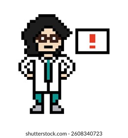 Cute pixel cartoon 8 bit character woman doctor scientist game care decoration pharmacist female doctor uniform lady in hospital 8 bit woman pixel art game 8bit vector.
