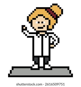 Cute pixel cartoon 8 bit character woman doctor scientist game care decoration pharmacist female doctor uniform lady in hospital 8 bit woman pixel art game 8bit vector.