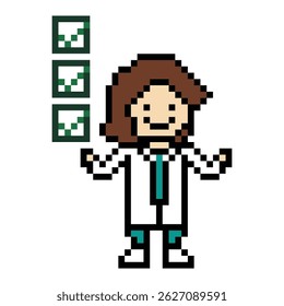Cute pixel cartoon 8 bit character woman doctor scientist game care check list decor pharmacist female doctor uniform lady in hospital 8 bit woman pixel art game 8bit vector.