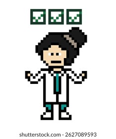 Desenho animado de pixel bonito 8 bit personagem mulher médica cientista jogo lista de verificação decoração farmacêutica médica mulher uniforme senhora no hospital 8 bit mulher pixel art jogo vetor de 8bit.