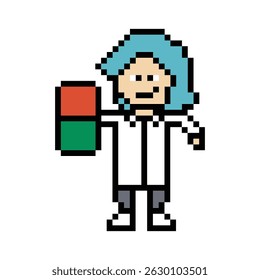 Dibujos animados de píxeles lindos 8 bit personaje mujer doctor científico juego decoración farmacéutico médico femenino uniforme médico hospital de la medicina 8 bit mujer pixel art 8bit Vector.