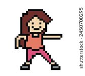 Cute pixel cartoon 8bit character woman exercises training alone lifestyle vector decoration life style 8 bit female girl exercise gym fitness warm up game fitness vector.