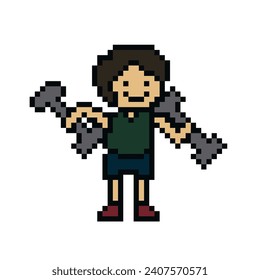 Cute pixel cartoon 8bit character man weight training with dumbbell lifestyle ventor for decoration life style 8 bit male exercise gym fitness body building vector.