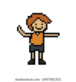 Cute pixel cartoon 8bit character man exercises training alone lifestyle vector for decoration life style 8 bit male exercise gym fitness warm up vector.