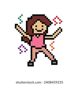 Caricatura de píxeles lindo 8 bits personaje mujer aeróbic ejercicios entrenamiento danza estilo de vida vector para la decoración estilo de vida 8 bits ejercicio femenino gimnasio calentador vector.