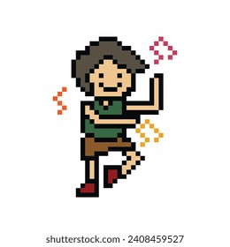 Cute pixel cartoon 8bit character man aerobic exercises training dance music lifestyle vector for decoration life style 8 bit male exercise gym fitness warm up vector.