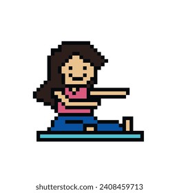 Cute pixel cartoon 8bit character woman aerobic yoga exercises training lifestyle vector for decoration life style 8 bit female exercise gym yoga fitness warm  vector.