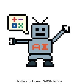 Cute pixel cartoon 8bit character robot or AI to learn or learning skill talk with chat box for education calculate bot vector technology.