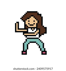 Caricatura de píxeles lindo Caricatura de 8 bits mujer ejercita entrenamiento solo vector estilo de vida para la decoración estilo de vida 8 bits ejercicio de baile femenino gimnasia fitness calentador vector.