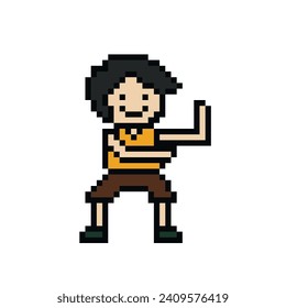 Caricatura de píxeles lindo Caricatura de 8 bits hombre entrenamiento solo vector estilo de vida para decoración estilo de vida 8 bits hombre ejercicio gimnasia fitness calentador vector.