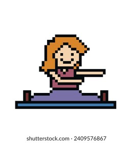 Cute pixel cartoon 8bit character woman aerobic yoga exercises training lifestyle vector for decoration life style 8 bit female girl exercise gym yoga fitness warm vector.