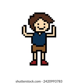 Cute pixel cartoon 8bit character man exercises training alone lifestyle vector for decoration life style 8 bit male boy exercise gym fitness warm up game vector.