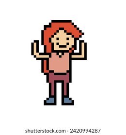 Cute pixel cartoon 8bit character woman exercises training alone lifestyle vector for decoration life style 8 bit female dance exercise gym fitness warm up game vector.