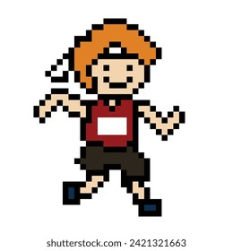 Cute pixel cartoon 8bit character man run or running lifestyle vector for decoration life style 8 bit male boy marathon with bib exercise vector.