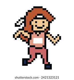 Cute pixel cartoon 8bit character woman run or running lifestyle vector for decoration life style 8 bit female girl marathon with bib exercise vector.