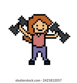 Cute pixel cartoon 8bit character woman weight training with dumbbell lifestyle vector for decoration life style 8 bit female girl game exercise gym fitness body building vector.