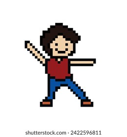 Cute pixel cartoon 8bit character man exercises dance training alone lifestyle vector for decoration life style 8 bit male boy exercise gym fitness warm up game vector.