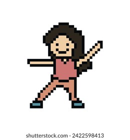 Cute pixel cartoon 8bit character woman exercises dance training alone lifestyle vector for decoration life style 8 bit female girl exercise gym fitness warm up game vector.