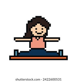 Cute pixel cartoon 8bit character woman aerobic yoga exercises training lifestyle vector for decoration life style 8 bit female girl exercise gym yoga fitness warm game vector.