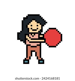 Cute pixel cartoon 8bit character woman exercises with ball gym training alone lifestyle vector for decoration life style 8 bit female girl exercise ball gym fitness warm up game vector.