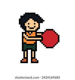 Cute pixel cartoon 8bit character man exercises with ball gym training alone lifestyle vector for decoration life style 8 bit male boy exercise hold ball gym fitness warm up game vector.