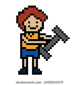 Cute pixel cartoon 8bit character man weight training with dumbbell lifestyle vector for decoration life style 8 bit male exercise gym fitness body building vector.