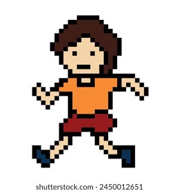 Cute pixel cartoon 8bit character man run or running lifestyle vector for decoration life style 8 bit male boy marathon exercise fitness vector.