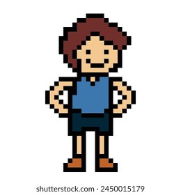 Cute pixel cartoon 8bit character man exercises training alone lifestyle vector for decoration life style 8 bit male boy exercise gym fitness warm up game fitness vector.