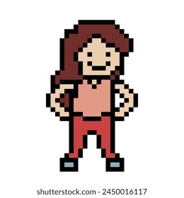 Cute pixel cartoon 8bit character woman exercises training alone lifestyle vector decoration life style 8 bit female girl exercise gym fitness warm up game fitness vector.