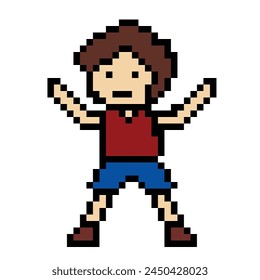 Lindo pixel caricatura 8 bit personaje hombre ejercicios entrenamiento solo estilo de vida Vector para la decoración estilo de vida 8 bit chico ejercicio gimnasio fitness calentamiento juego fitness Vector.